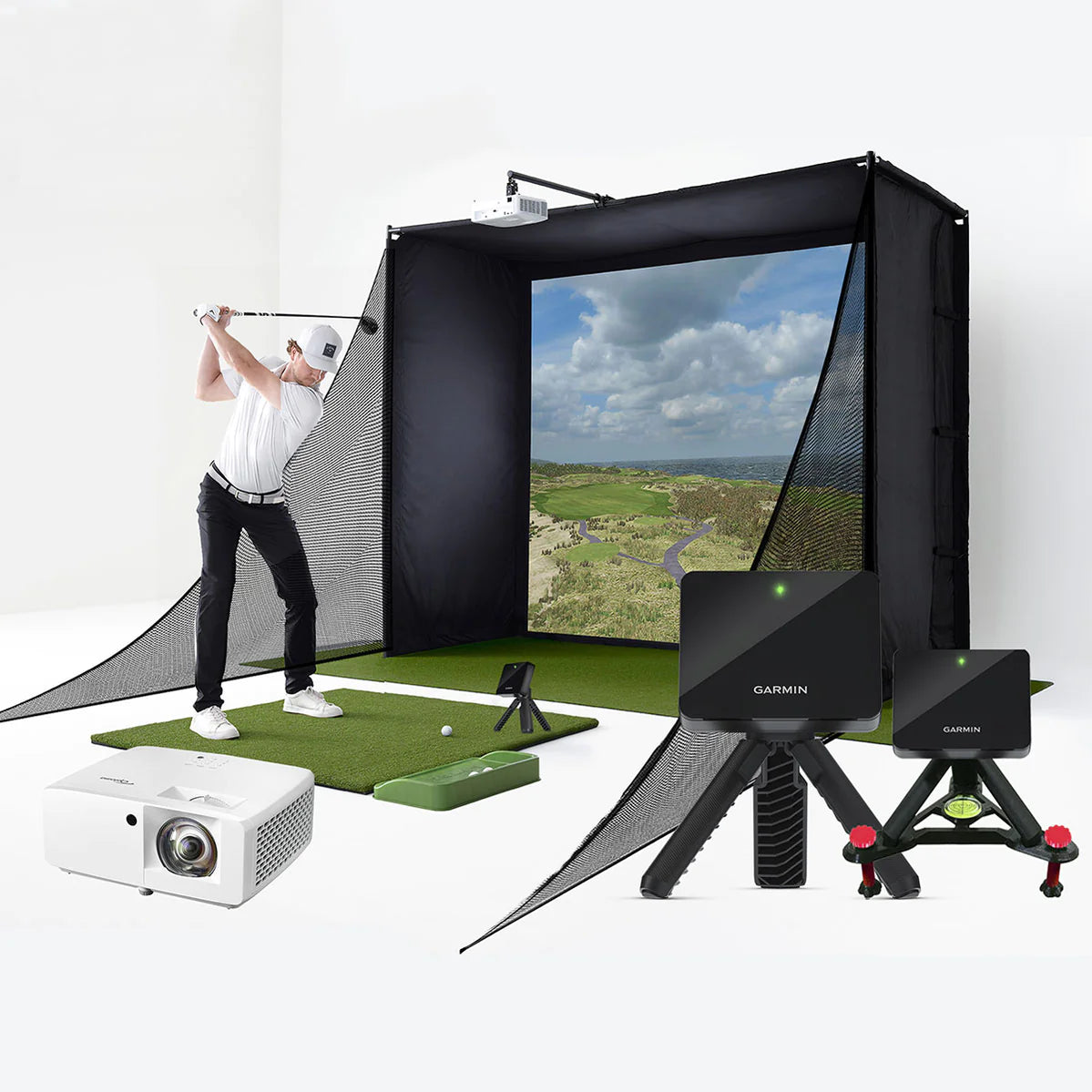 A golfer getting ready to swing in a golf simulator with an Approach R10 with a projector , R10 unit, and R10 unit on alignment stand in the foreground