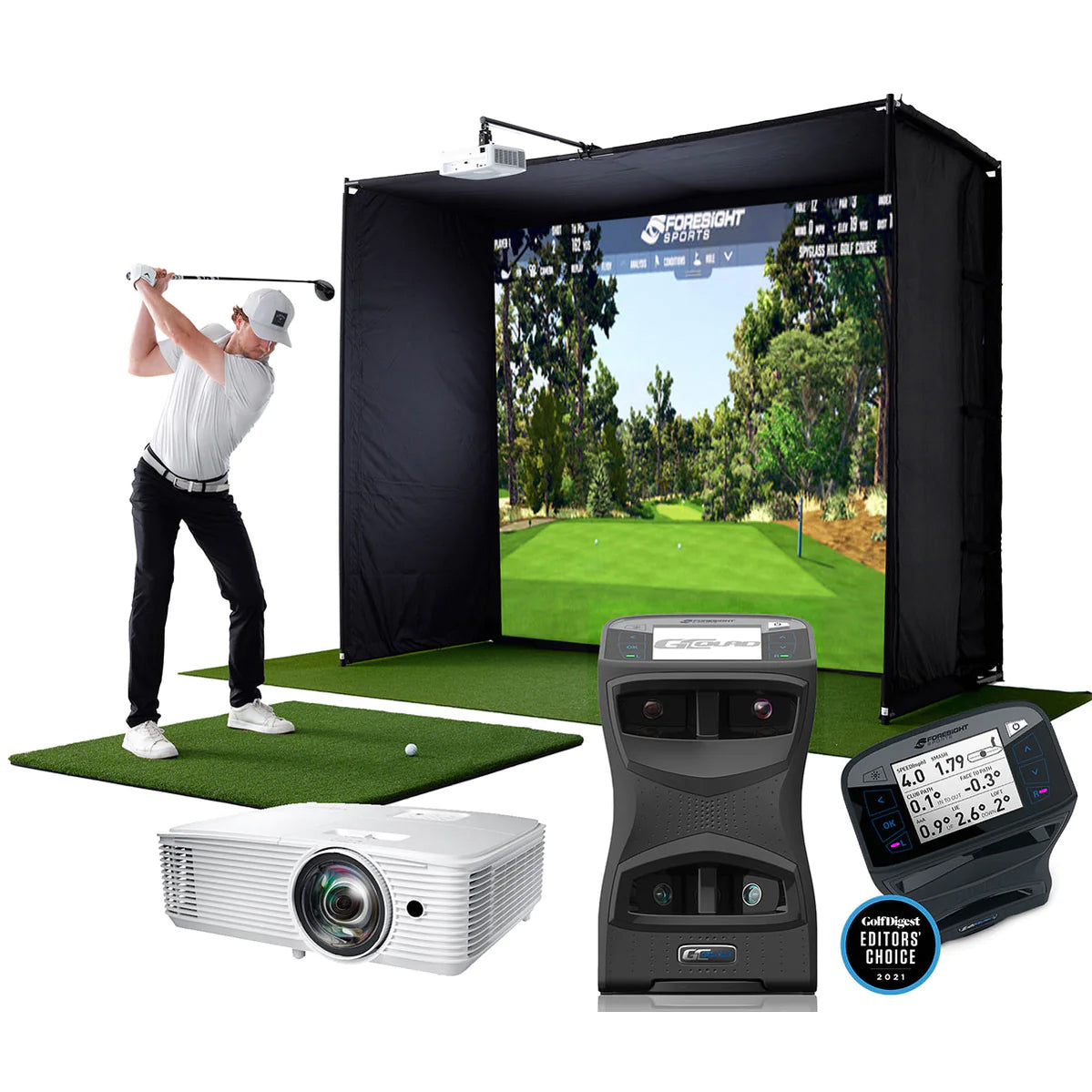 A golfer in the PlayBetter SimStudio with gaming projector and the GCQuad by Foresight Sports in the foreground