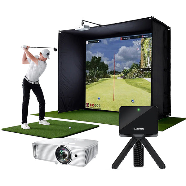 A golfer in the PlayBetter SimStudio with gaming projector and Garmin Approach R10 launch monitor in the foreground