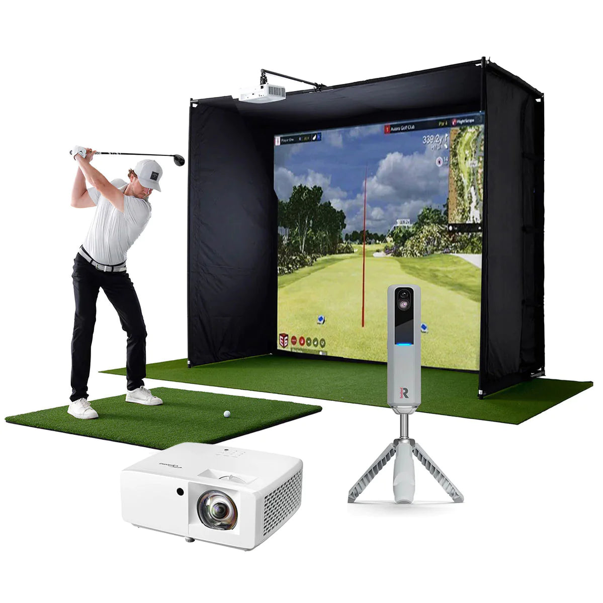 A golfer swinging in a PlayBetter Simstudio complet golf simulator with a Rapsodo MLM2PRO and projector in the foreground