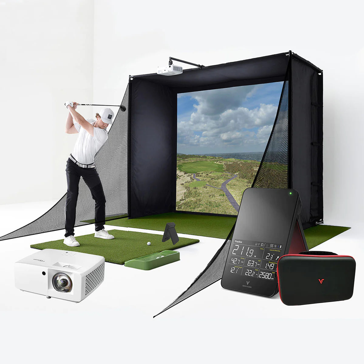 A golfer getting ready to swing PlayBetter SimStudio setup with an SC4 unit, and a projector, SC4 unit, and carrying case in the foreground