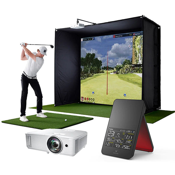 A golfer in the PlayBetter SimStudio with gaming projector and Swing Caddie SC4 in the foreground