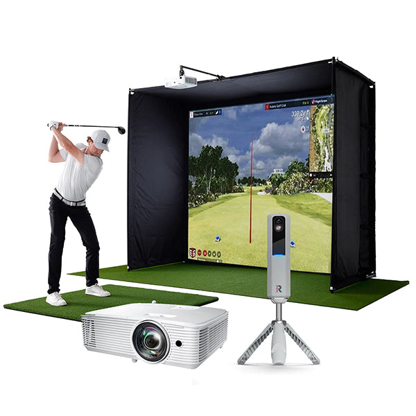 A golfer swinging in a PlayBetter SimStudio setup with bay, impact screen and hitting mat and with projector and MLM2PRO unit in foreground