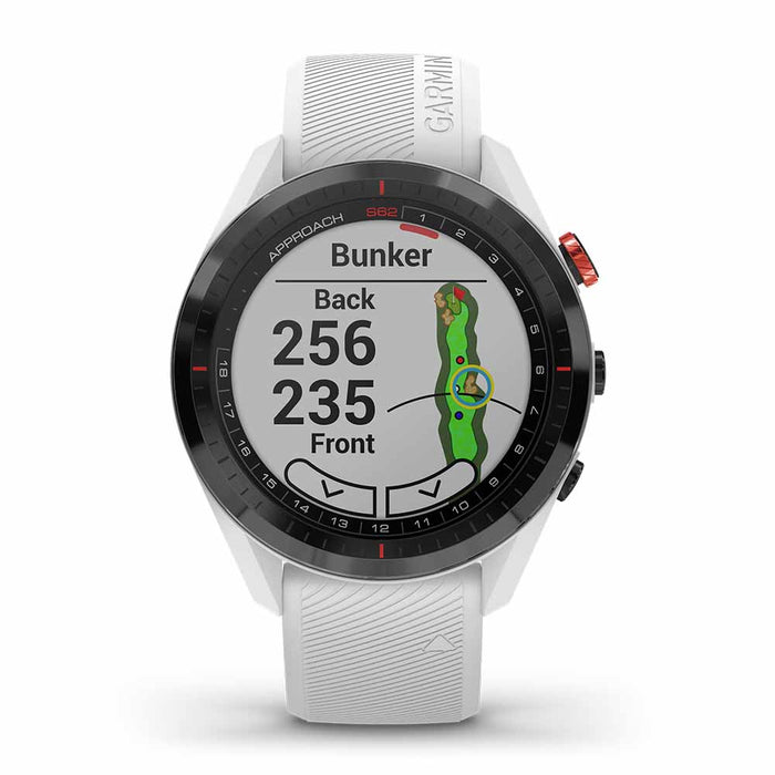Garmin Approach S62 Premium GPS Golf Watch - Black Ceramic Bezel with White Silicone Band - Front Angle