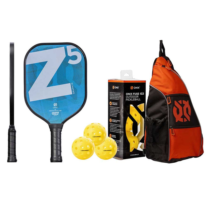 Onix Z5 MOD Series Graphite Pickleball - Blue with Onix Pro Team Sling Bag and 3-Pack Onix Fuse G2 Outdoor Pickleballs