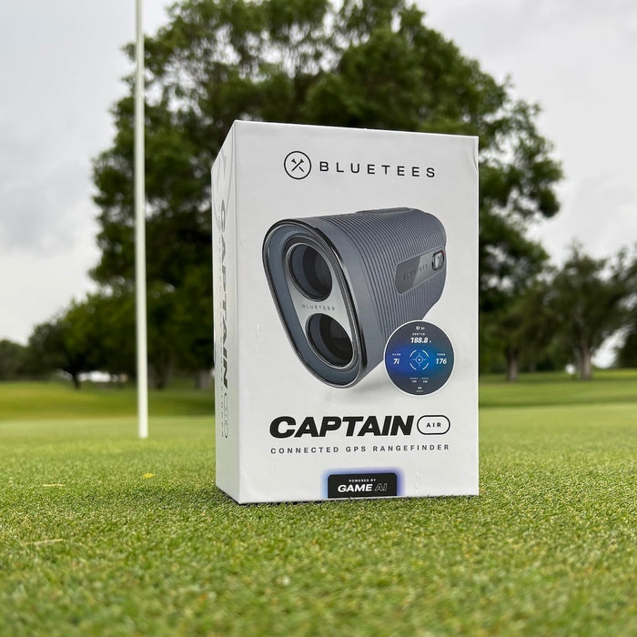 The Blue Tees Captain Air rangefinder in the box on the green near the flag in the hole