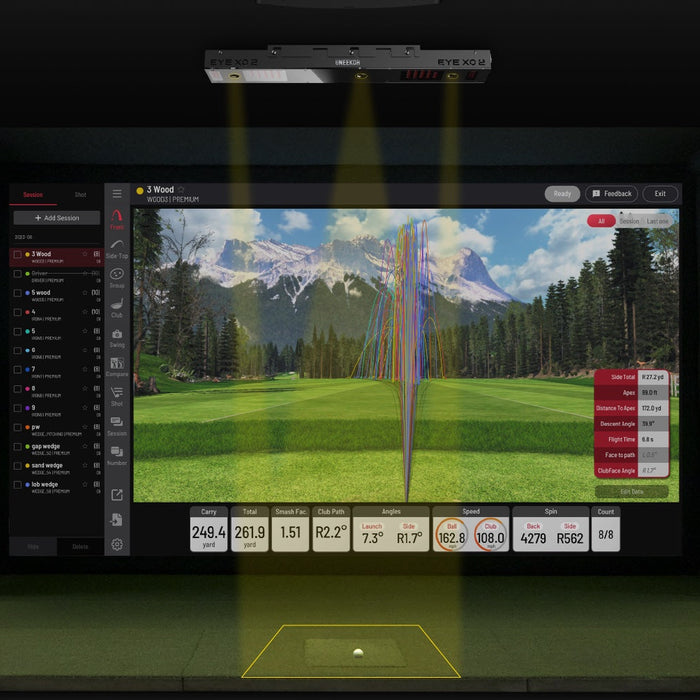 Carry distances on a virtual golf course showing on the impact screen in a Uneekor Eye X02 golf simulator