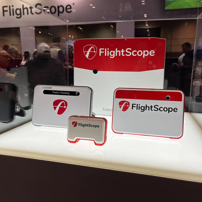 All four FlightScope Mevo golf launch monitors on display at the 2024 PGA Show