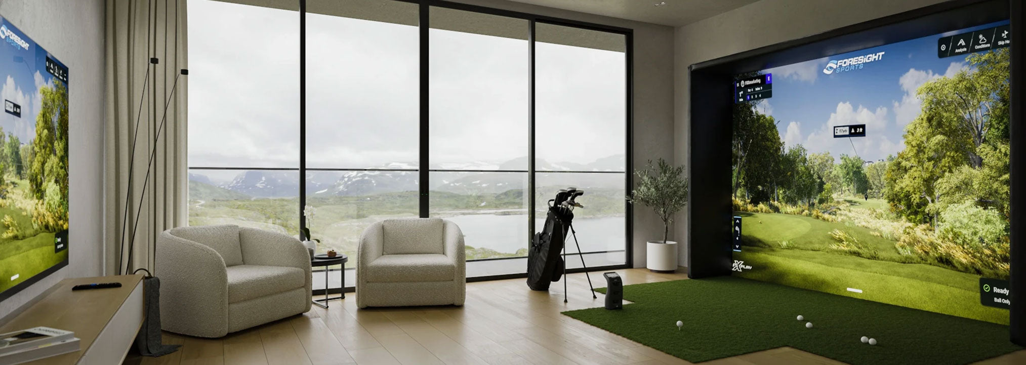 A Foresight Sports golf simulator studio in a luxury apartment with a back wall with a view to an outdoor scene