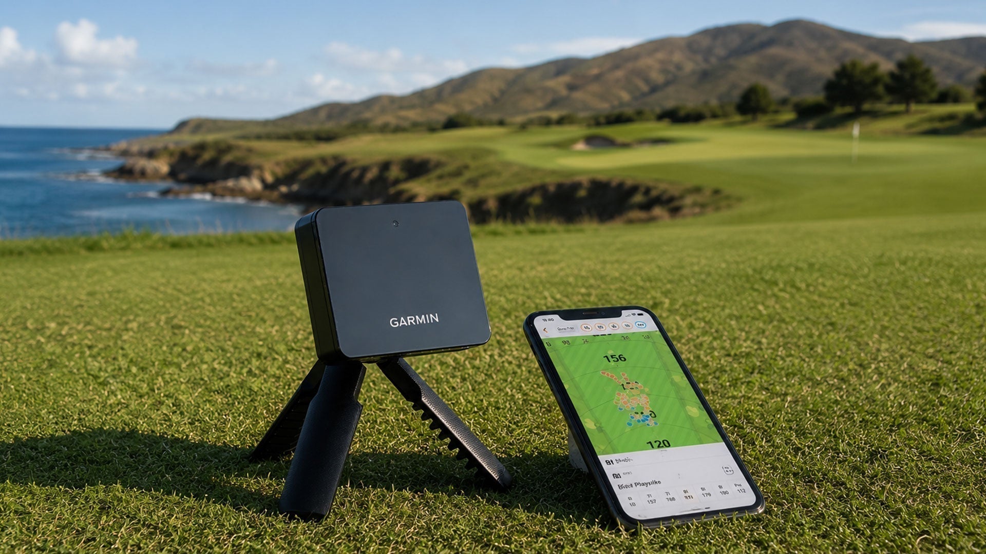 The Garmin Approach R10 launch monitor and Approach G82 GPS and launch monitor on  coastline