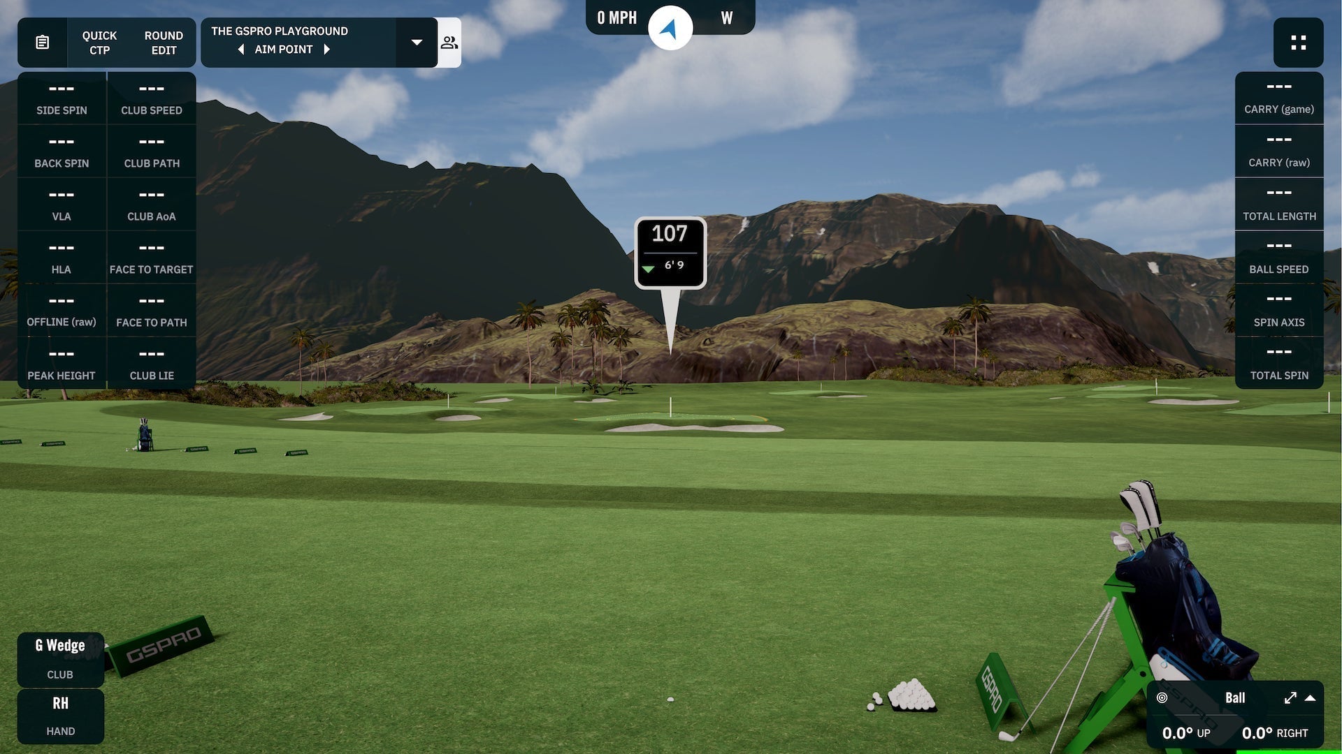 Image of GSPro virtual golf on a screen with data tiles on either side