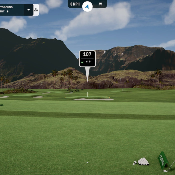 Image of GSPro virtual golf on a screen with data tiles on either side