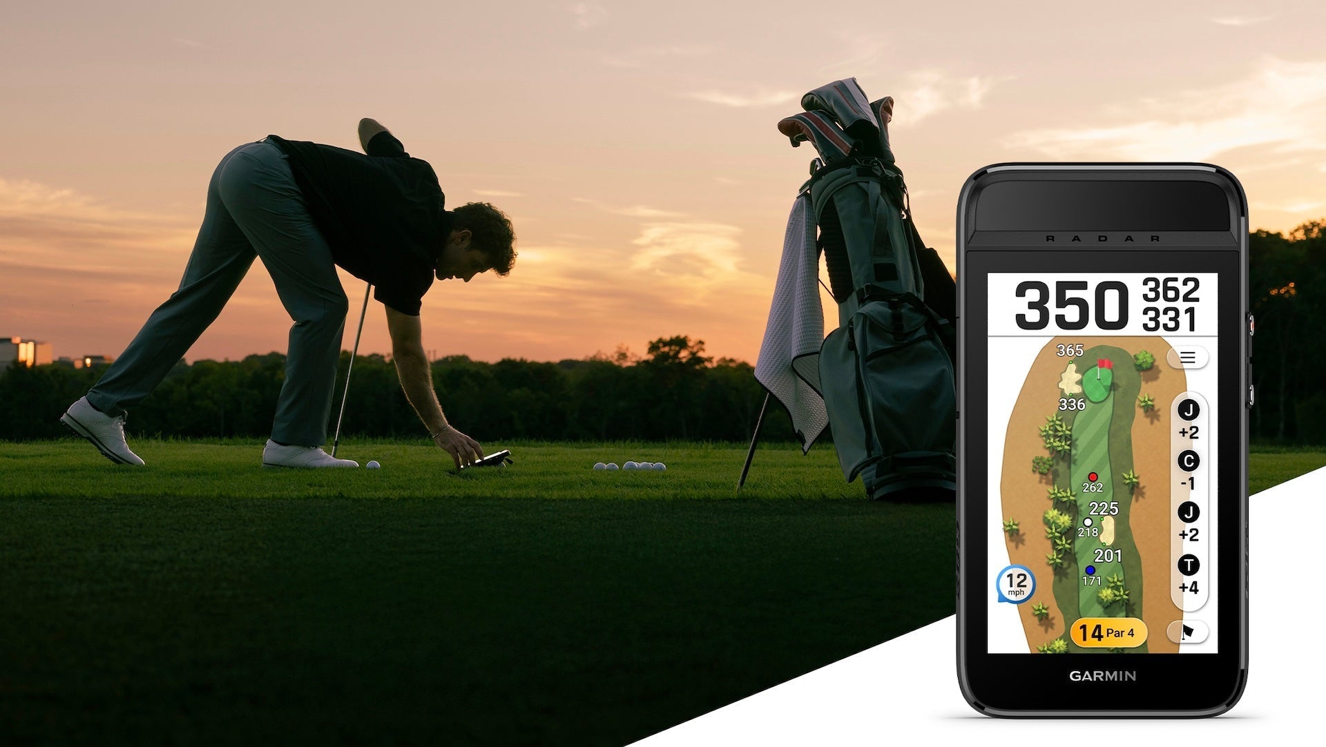 Golfer bending over to use the Garmin Approach G82 on a golf course with an image of the device also in the foreground showing yardage to the hole on the display