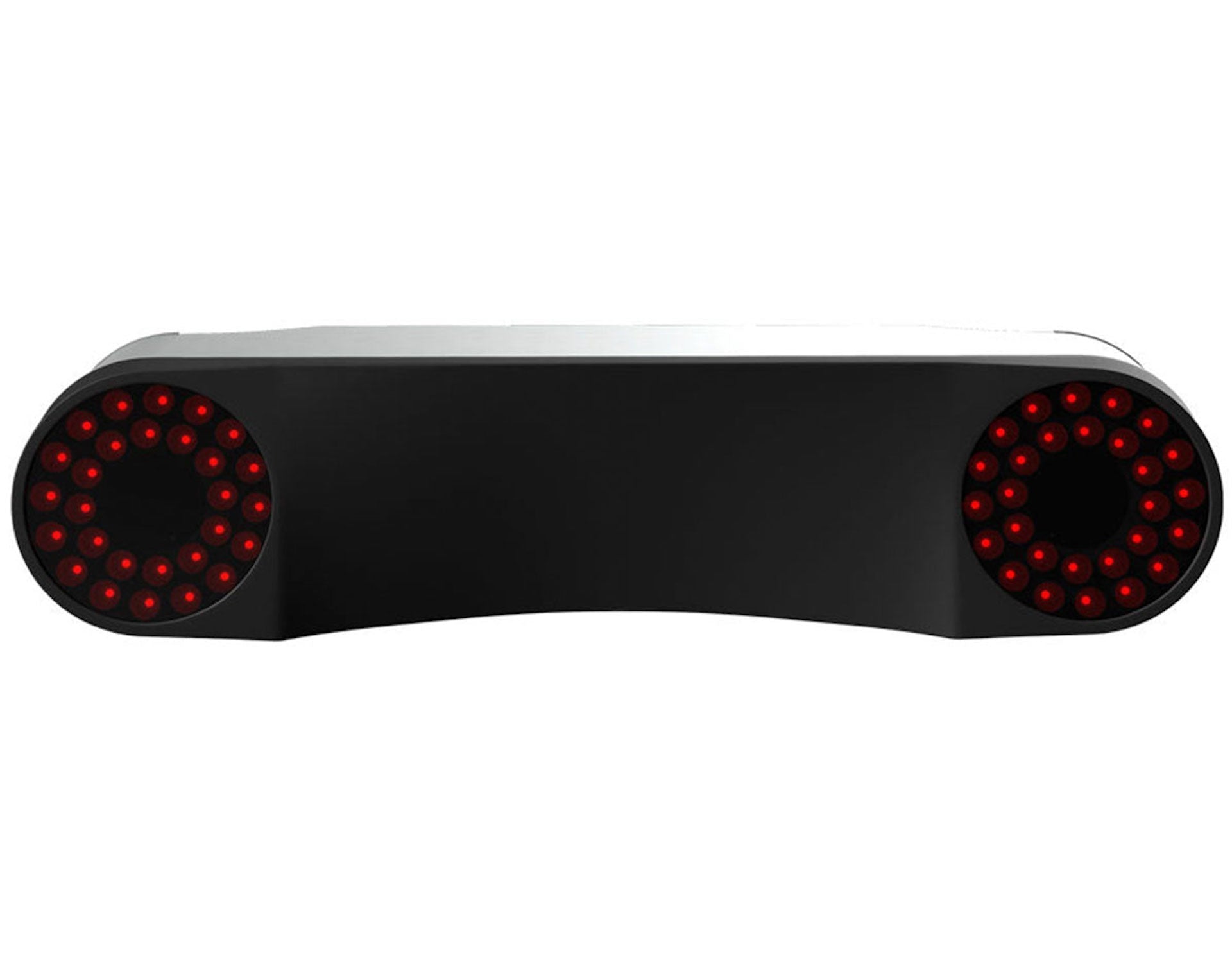 Bottom view of cameras on the ProTee VX overhead golf launch monitor and similar with red lights in circles where cameras are