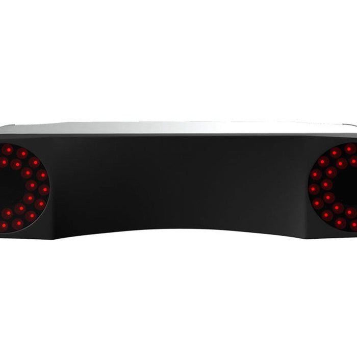 Bottom view of cameras on the ProTee VX overhead golf launch monitor and similar with red lights in circles where cameras are