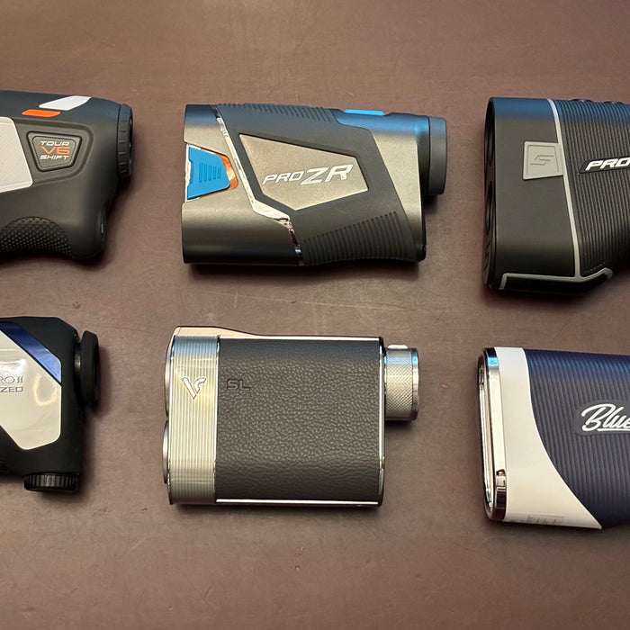 Six of the best golf rangefinders of 2024 laying on a table