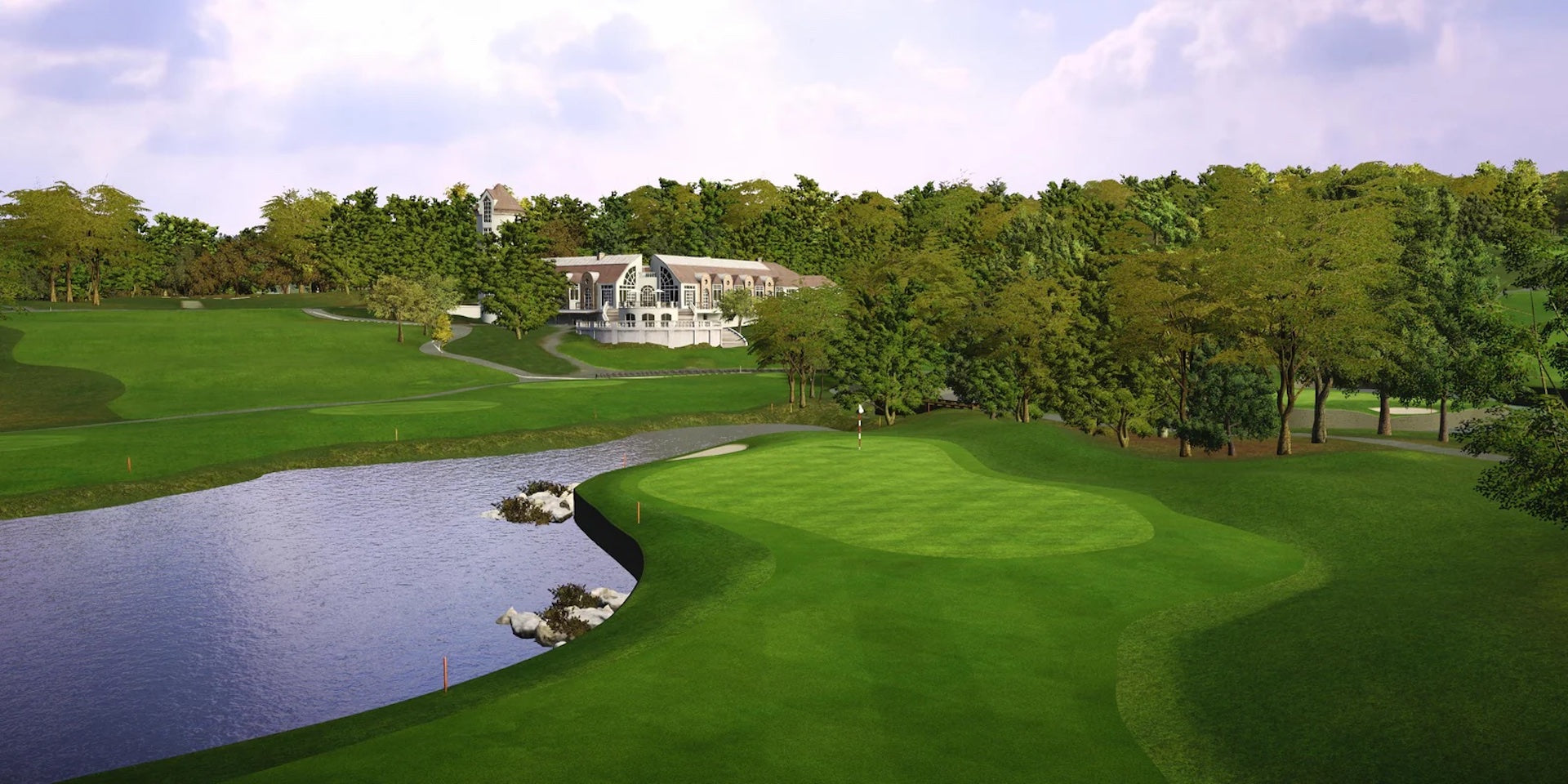 A Trackman Course Play golf course hole by a pond with a clubhouse in the background