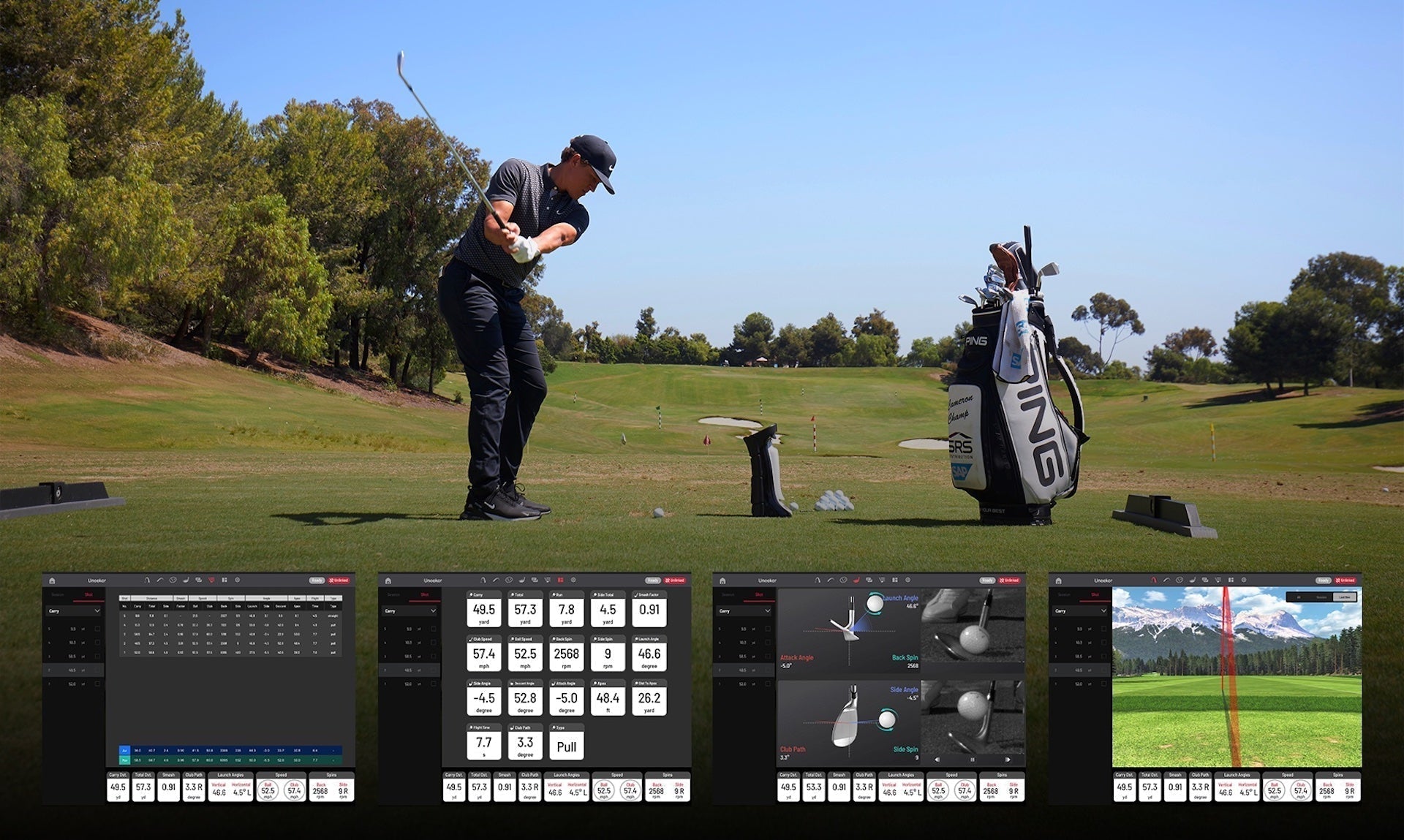A golfer swinging on the golf course in front of the Uneekor Eye Mini with data overlay screens at the bottom of the image