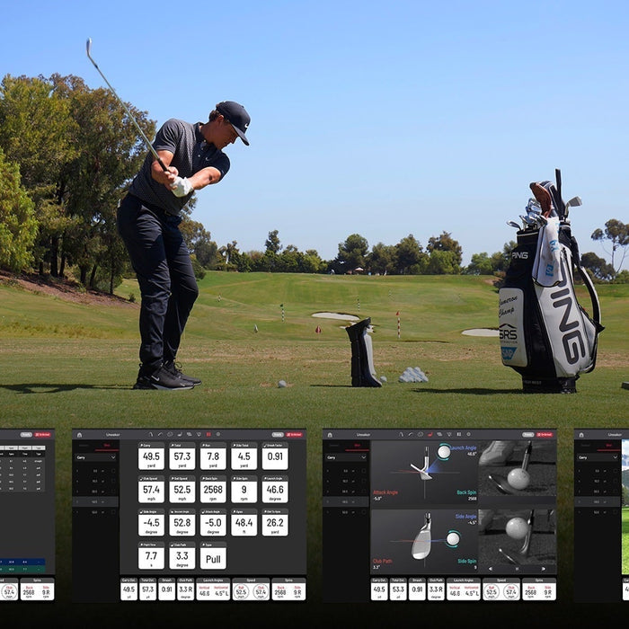 A golfer swinging on the golf course in front of the Uneekor Eye Mini with data overlay screens at the bottom of the image