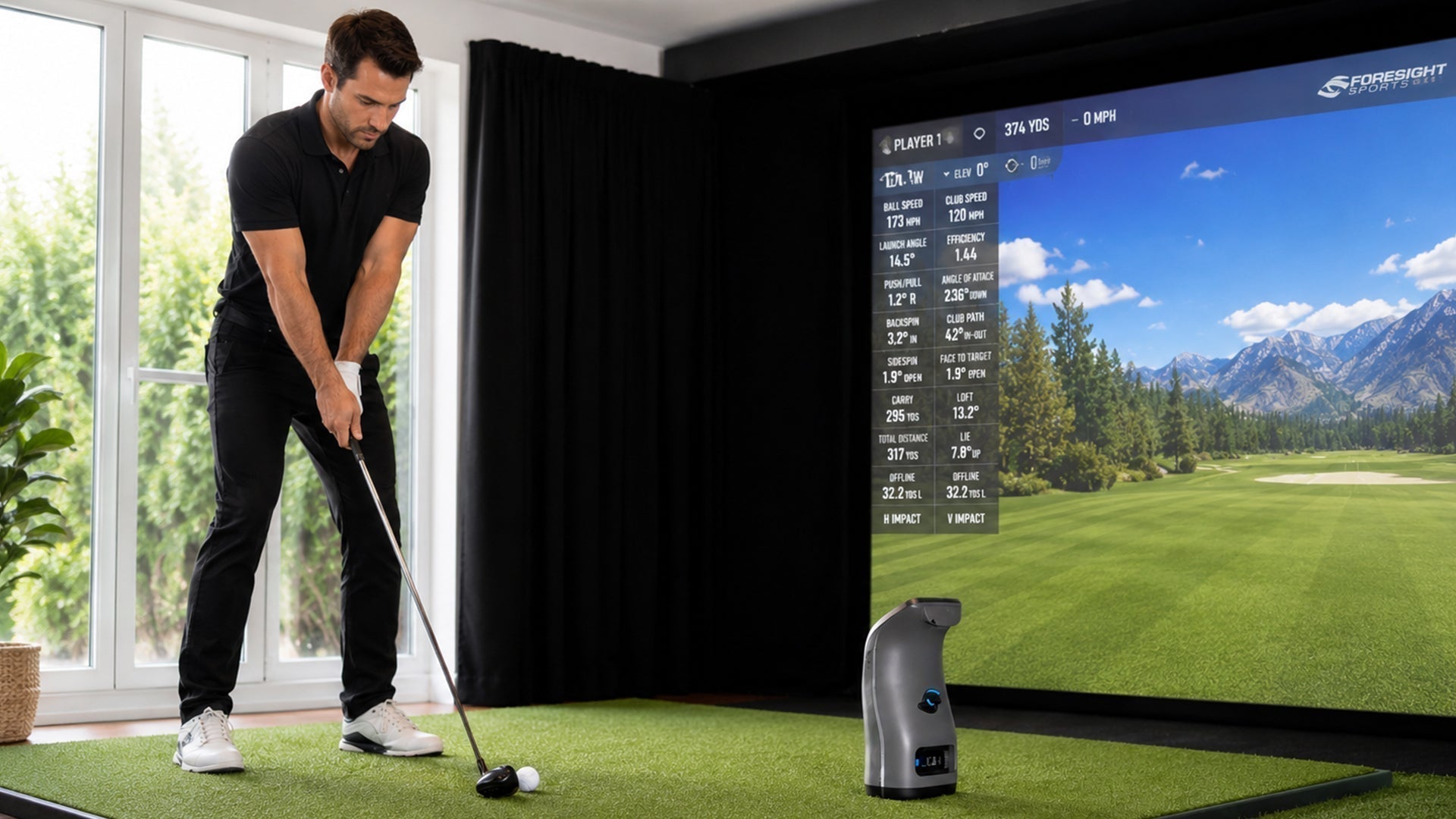 A golfer preparing to swing in a Certified Pre-Owned Foresight GC3 home golf simulator