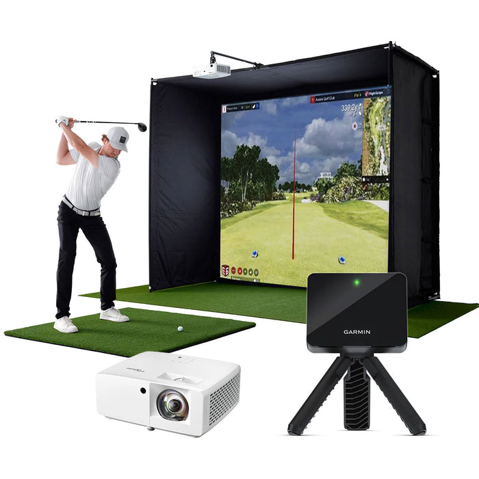 Garmin Approach R10 Golf Simulator Studio Package | PlayBetter SimStudio™ with Impact Screen, Enclosure, Side Barriers, Hitting/Putting Mats & Projector (+Alignment Stand)