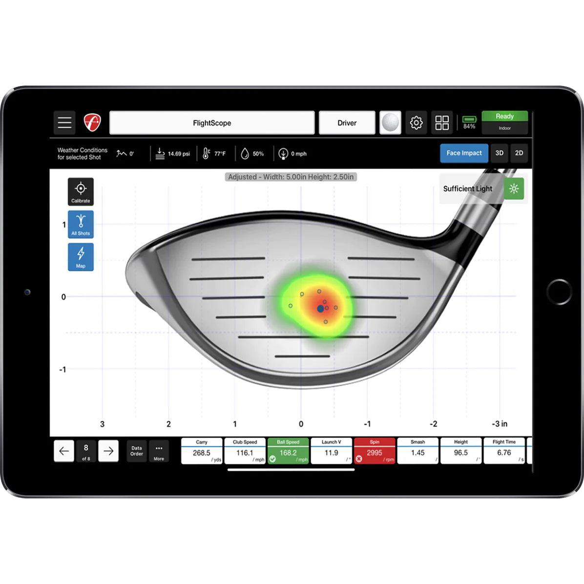 A tablet with the FlightScope Face Impact software open on it with data tiles and a large image of a club head with heat maps showing where the golf ball impacted during the shot