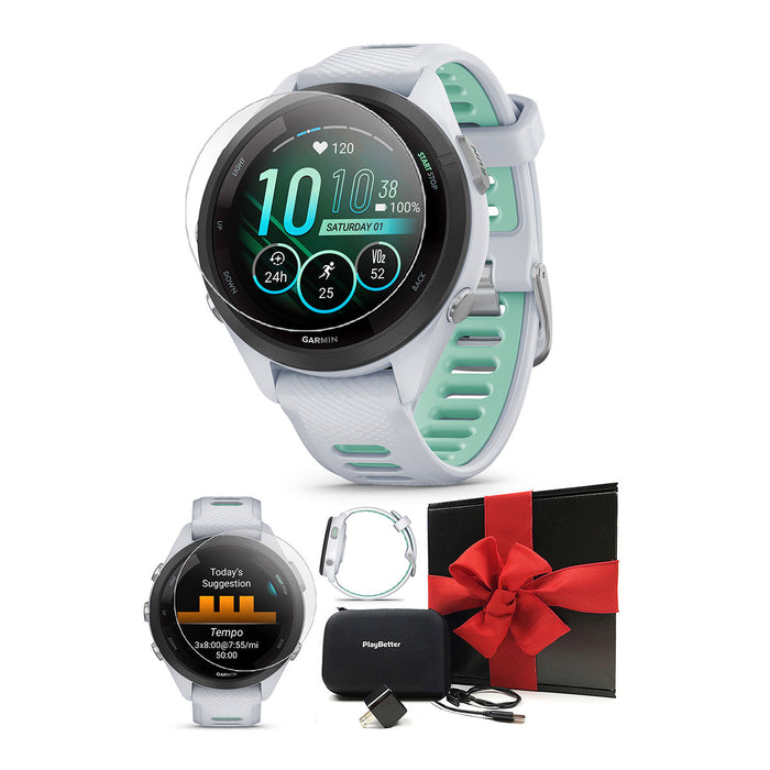 Garmin Forerunner 265 (Aqua/Black) Running GPS Smartwatch | Gift Bundle with HD Screen Protectors, Wall Adapter & Hard Case