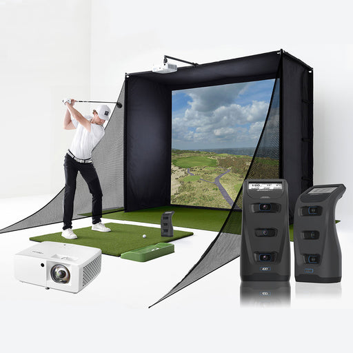 A golfer in a PlayBetter SimStudio home golf simulator with a projector and two images of the Foresight Sports golf launch monitors in the foreground