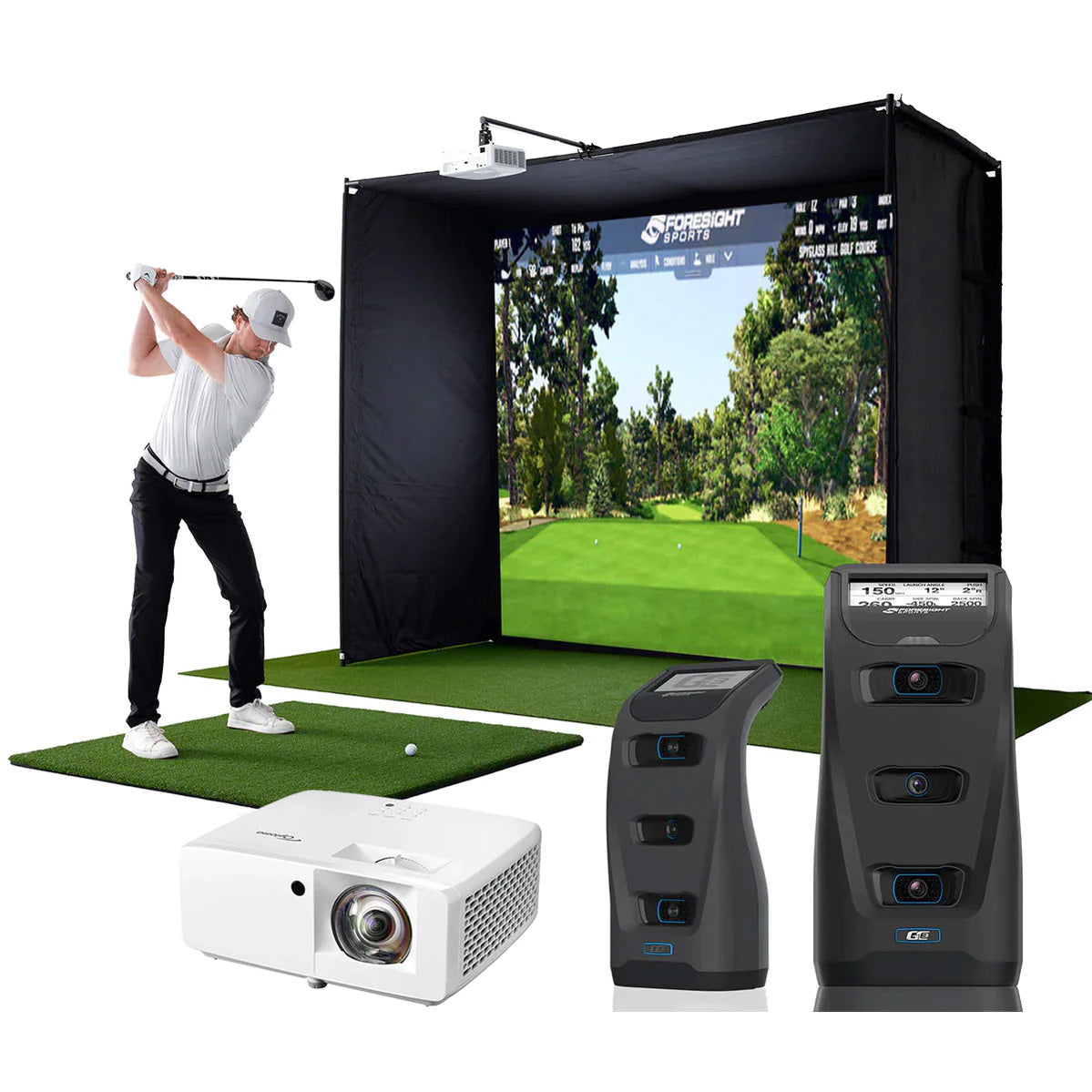 The Foresight Sports GC3 next to a projector with a golfer and PlayBetter SimStudio package in the background