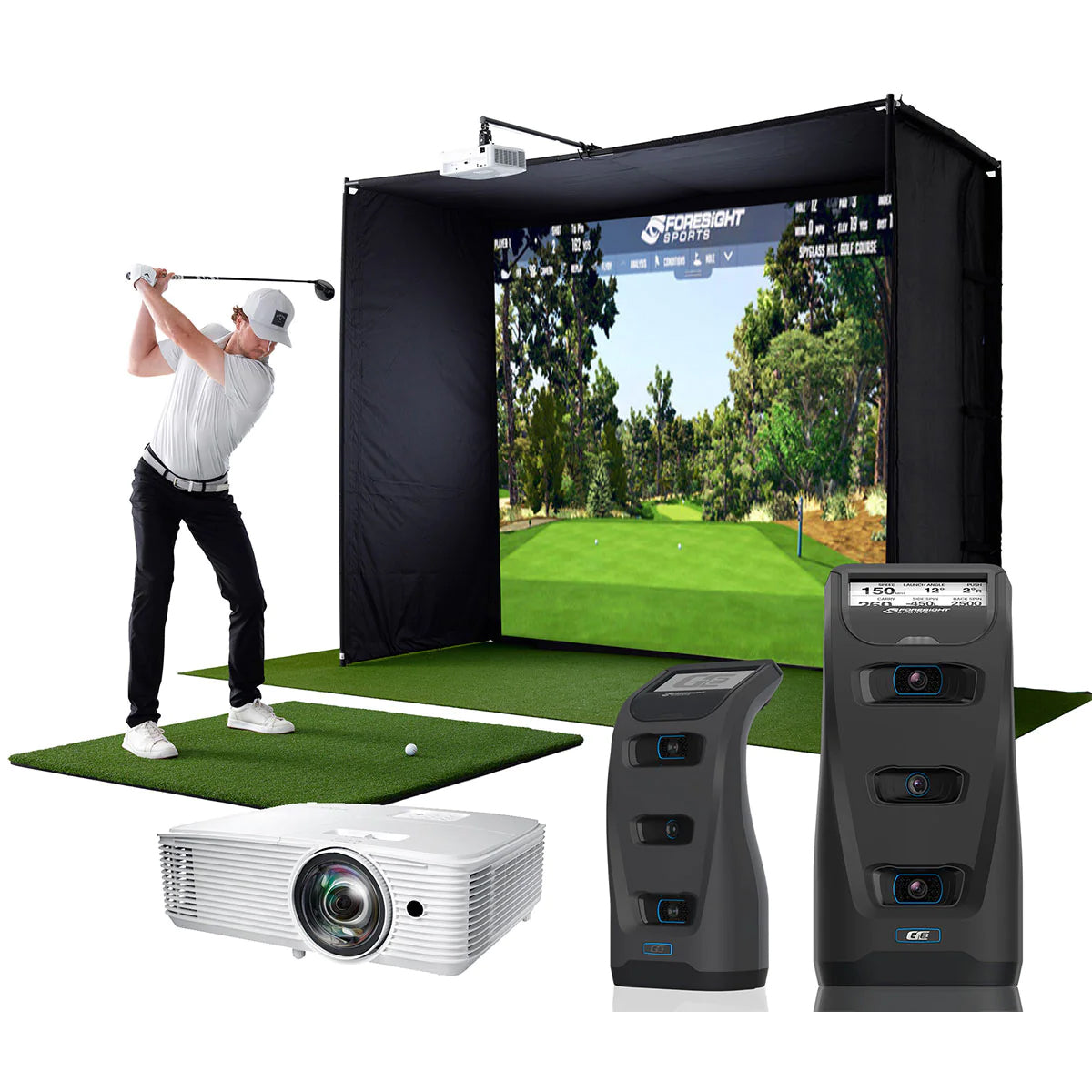 A golfer in the PlayBetter SimStudio with gaming projector and 2 images of the Foresight Sports GC3 in the foreground