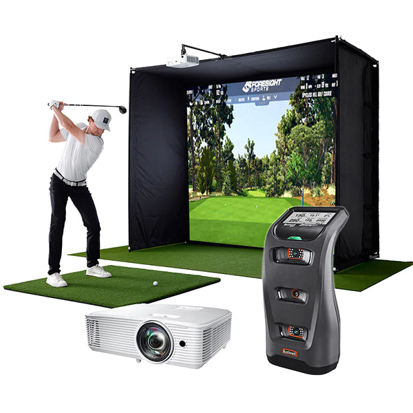 A golfer in the PlayBetter SimStudio with gaming projector and Bushnell Launch Pro in the foreground
