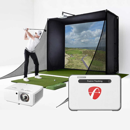 A golfer on a golf mat performing his upswing in front of a PlayBetter SimStudio with a projector and FlightScope Mevo+ LE in the foreground 