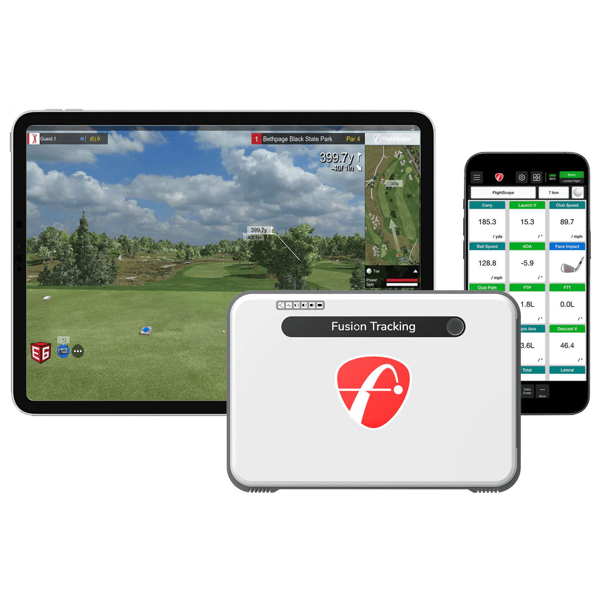 The FlightScope Mevo+ Limited Edition unit with an tablet with simulation software on it behind it as well as a smartphone with shot data tiles