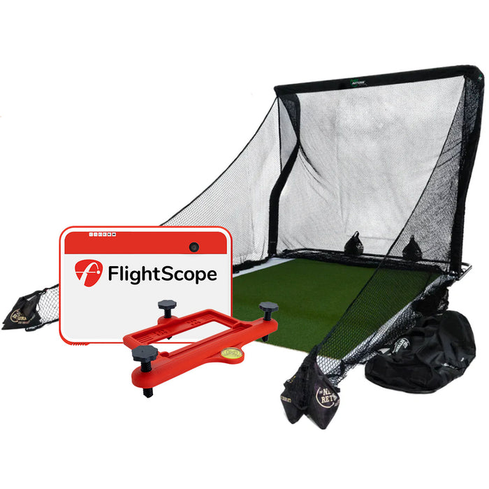 FlightScope Mevo+ Golf Launch Monitor & Simulator + Net Return V2 Official Golf Simulation Studio Package with Hitting Net, Mat & Side Barriers
