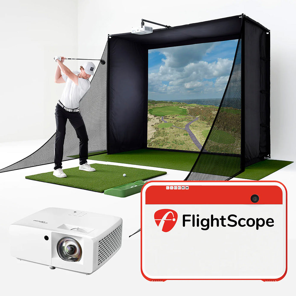 The FlightScope Mevo+ next to a projector with a golfer and PlayBetter SimStudio in the background