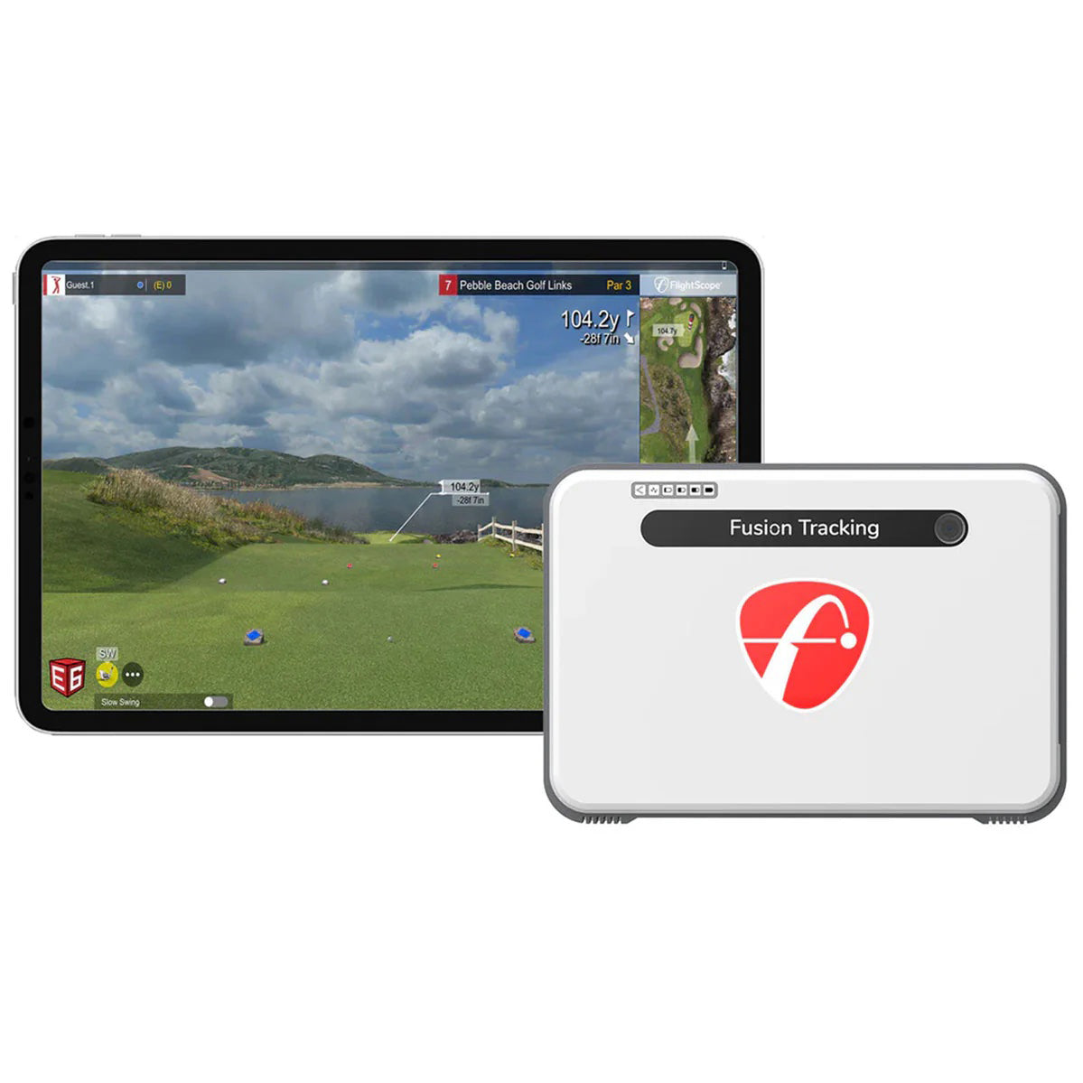 A Mevo+ Limited Edition unit with a tablet showing the E6 Connect Pebble Beach virtual golf course on it