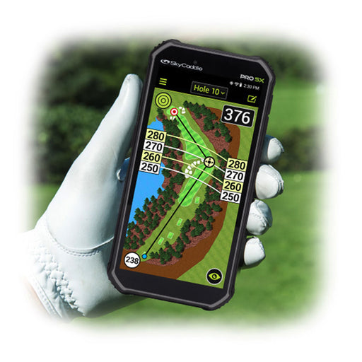 A person using the SkyCaddie PRO 5X, a golf GPS device enhanced with TruePoint Positioning Technology for precision ground mapping.