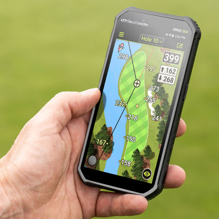 A person utilizing the SkyCaddie PRO 5X, an advanced golf GPS app on their cell phone, to benefit from the precision ground mapping and TruePoint Positioning Technology.