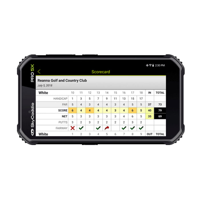 The SkyCaddie PRO 5X golf GPS offering precision ground mapping and serves as a convenient golf scoreboard.