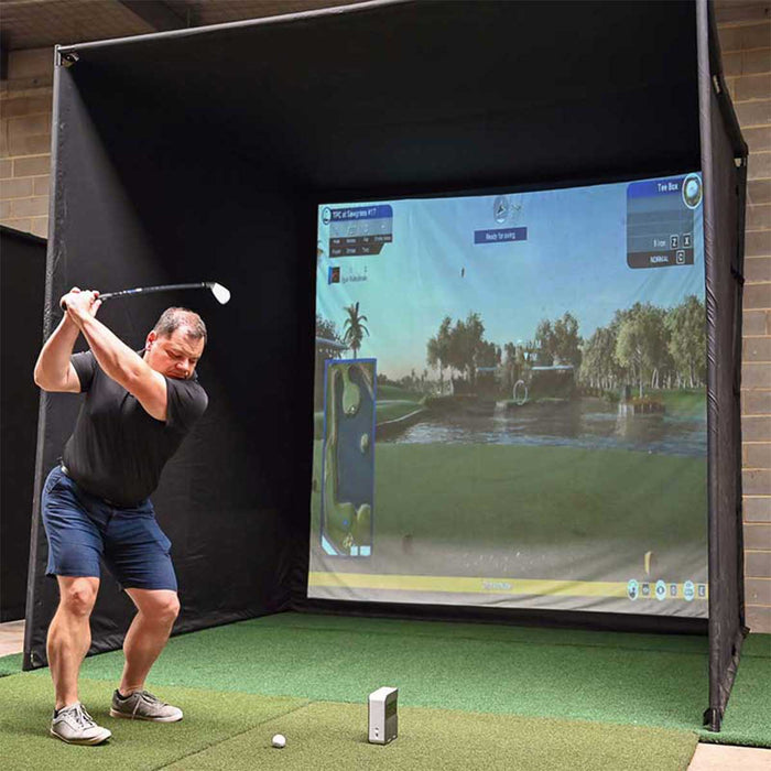 PlayBetter SimStudio™ COMPLETE Home Golf Simulator Package | Enclosure, Impact Screen, Hitting/Putting Mats, Side Barriers & Projector