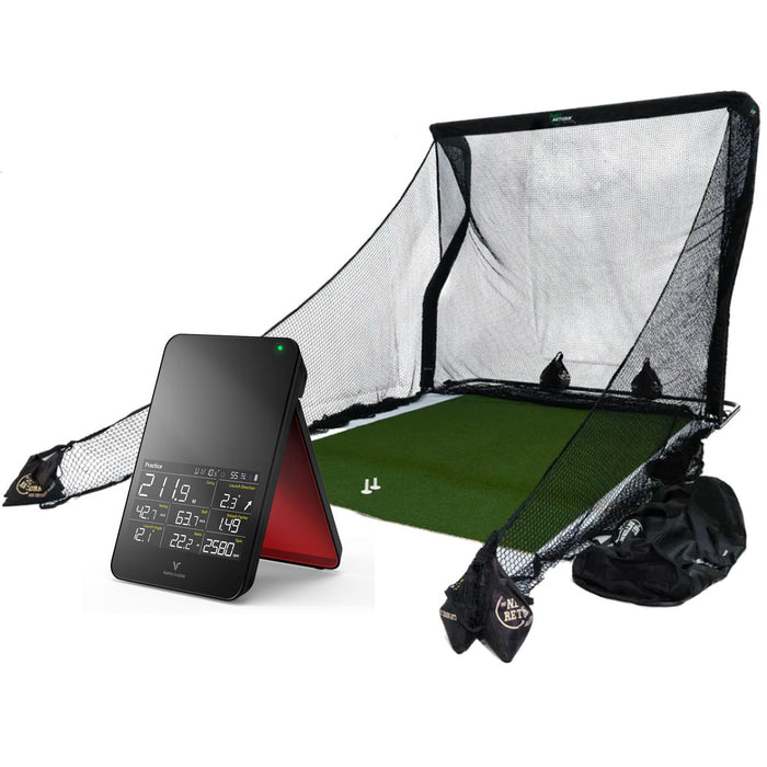 Swing Caddie SC4 Golf Launch Monitor & Simulator + Net Return V2 Official Golf Simulation Studio Package with Hitting Net, Mat & Side Barriers