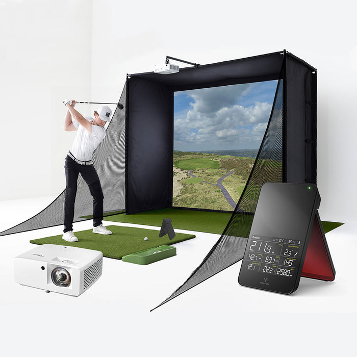 Swing Caddie SC4 Golf Simulator Studio Package | PlayBetter SimStudio™ with Impact Screen, Enclosure, Side Barriers, Hitting/Putting Mats & Projector