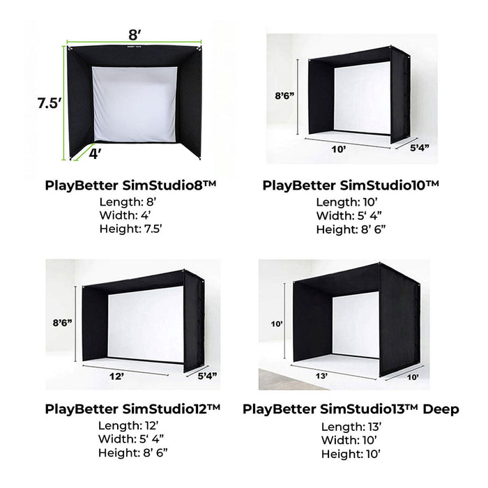 PlayBetter SimStudio™ COMPLETE by Lets Play Thru | Home Golf Simulator Package with Enclosure, Impact Screen, Hitting/Putting Mats, Side Barriers & Projector