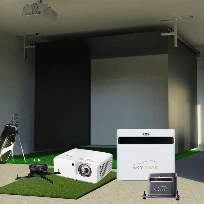 SkyTrak+ SportScreen Vanish Retractable Golf Studio Complete Package | Home Golf Simulator Studio with Impact Screen, Enclosure, Hitting Mat, Putting Turf & Projector