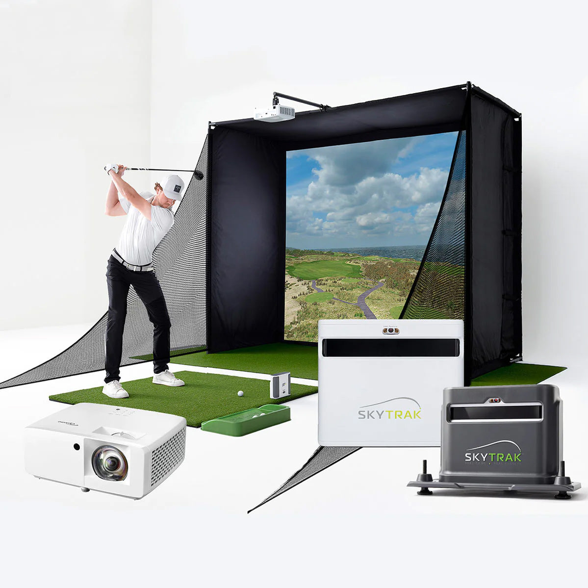 The SkyTrak+ pictured with the PlayBetter SimStudio home golf simulator and projector and protective case