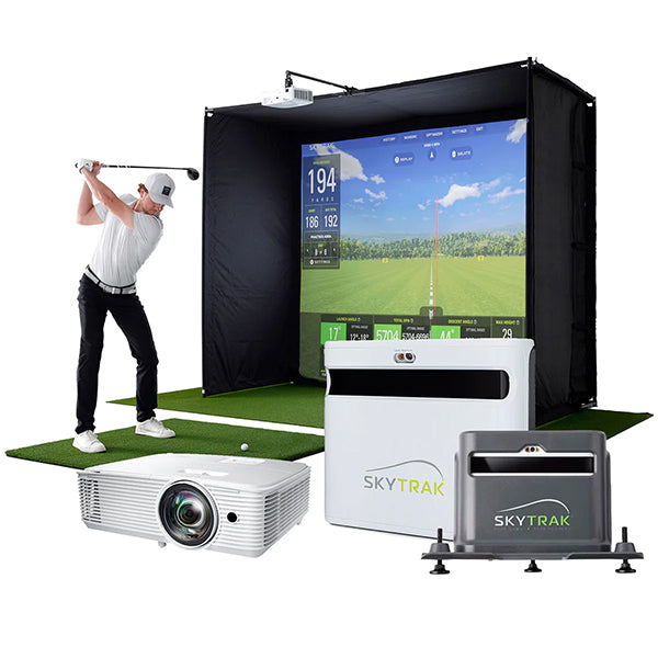 A golfer in the PlayBetter SimStudio with gaming projector, SkyTrak+ and protective case in the foreground