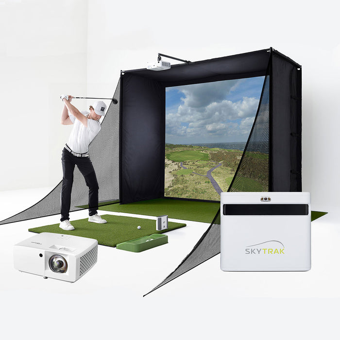 SkyTrak+ Golf Launch Monitor with PlayBetter SimStudio™ | Complete Home Simulator Studio Package with Impact Screen Enclosure, Mats, & Projector