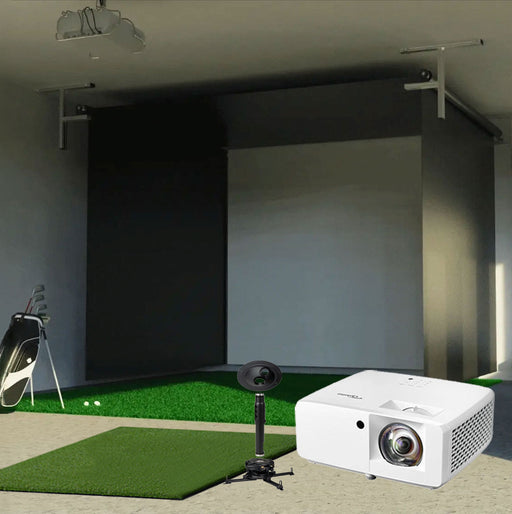 Vanish SportScreen retractable golf enclosure and impact screen in a garage with golf club bag, projector and mount, and golf hitting mat.