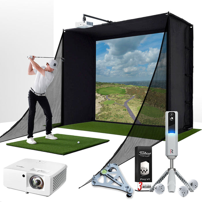 Rapsodo MLM2PRO with PlayBetter SimStudio™ COMPLETE Package | Golf Simulator Studio with Impact Screen, Enclosure, Side Barriers, Hitting/Putting Mats, Projector & Alignment Stand