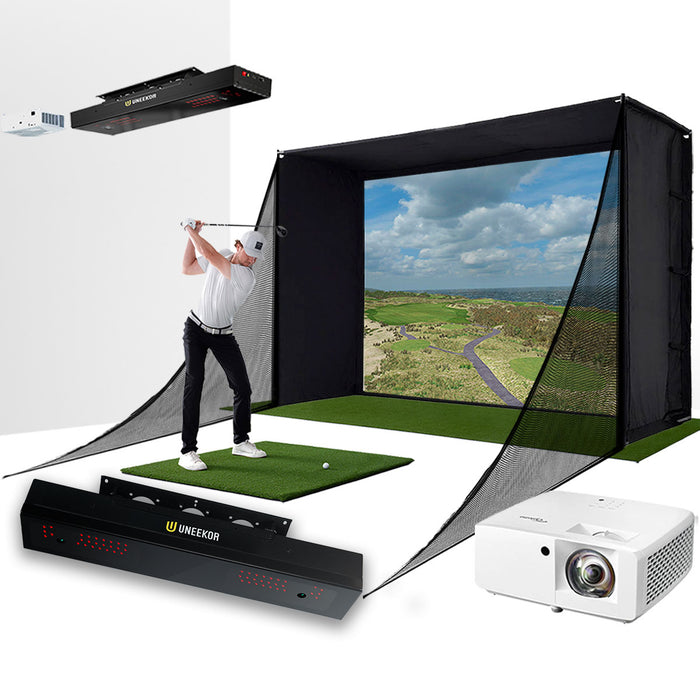 Uneekor EYE XR with PlayBetter SimStudio™ COMPLETE Package | Golf Simulator Studio with Impact Screen, Enclosure, Side Barriers, Hitting/Putting Mats & Projector